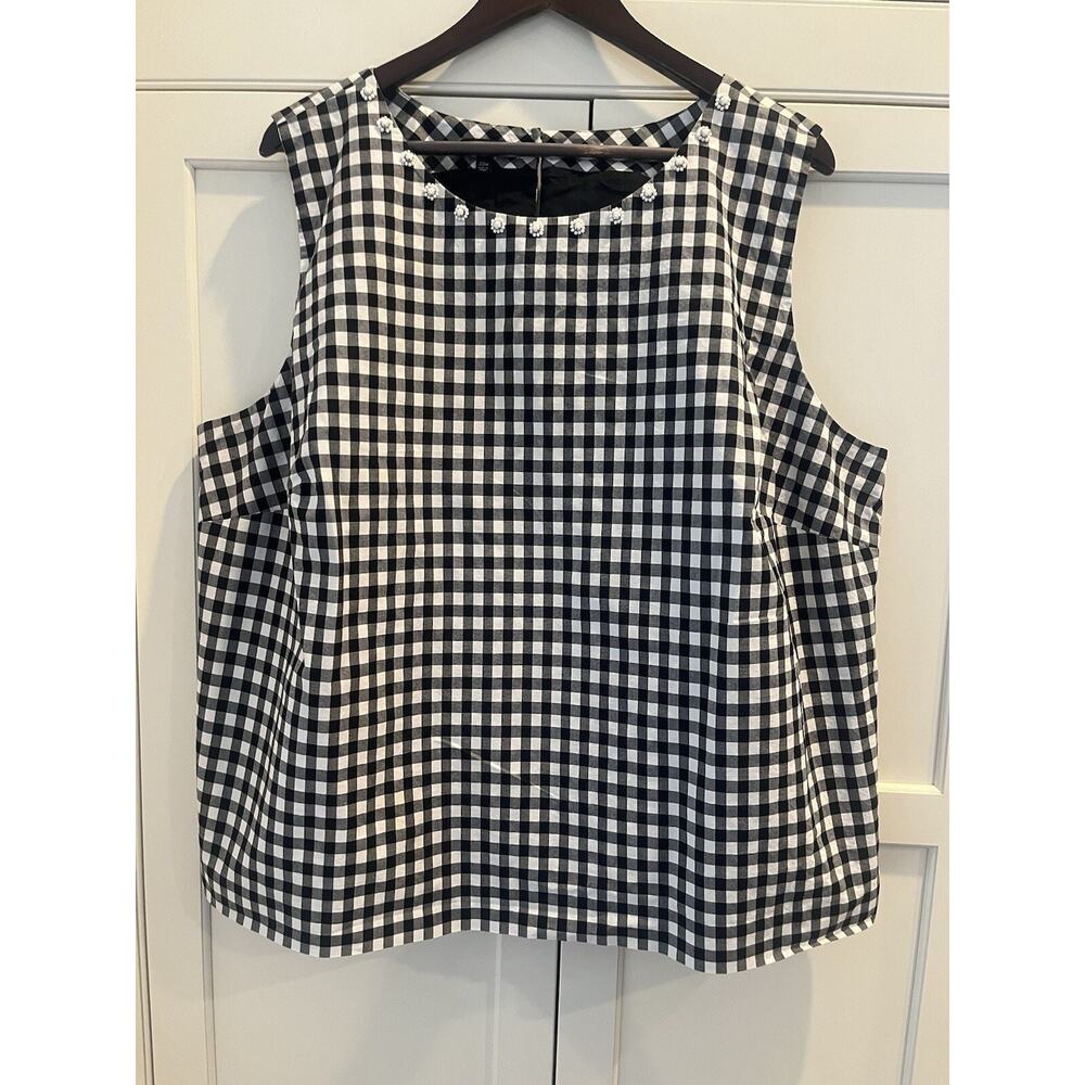 Talbots Women Gingham Plaid Black/White Top check Sz. 22W Beads preppy NWOT
